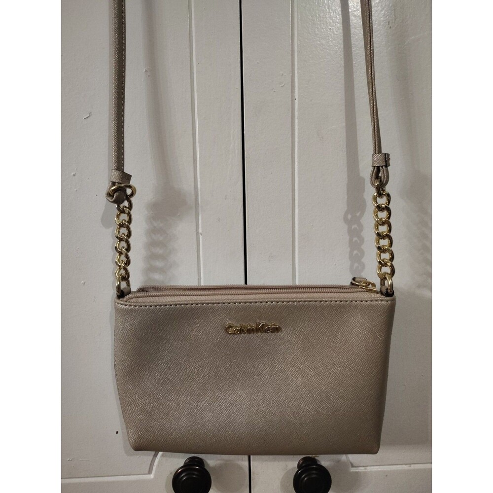 Calvin Klein Hayden Saffiano Leather Chain Crossbody-Gold Purse